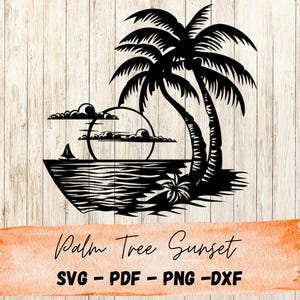 Palm Tree Beach Sunset SVG | Tropical Ocean Scene Clipart | Summer Vacation Cut File for Cricut & Silhouette | PNG DXF pdf