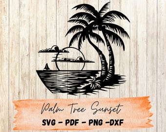 Palm Tree Beach Sunset SVG | Tropical Ocean Scene Clipart | Summer Vacation Cut File for Cricut & Silhouette | PNG DXF pdf