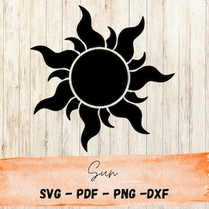 May include: A black sun design with stylized flames, set against a light wood grain background. The word "Sun" is written in cursive on an orange watercolor banner. Below the banner are the file formats: SVG, PDF, PNG, and DXF.