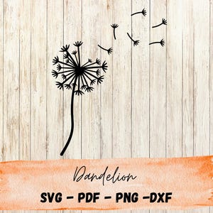 May include: A black dandelion illustration with seeds blowing away, set against a light wood grain background. The word "Dandelion" is written in cursive on an orange watercolor banner, with "SVG - PDF - PNG - DXF" below.
