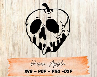 May include: Black and white graphic of a poison apple with a skull-like design. The apple is on a wooden background with the words "Poison Apple" and "SVG - PDF - PNG - DXF" in a watercolor banner.