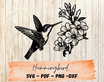 Hummingbird and Flowers SVG | Floral Bird Clipart | Nature Silhouette for Cricut & Silhouette | PNG DXF pdf | Small Bird and Flowers