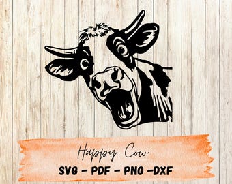 Funny Cow SVG | Shocked Cow Face Clipart | Farm Animal Cut File for Cricut & Silhouette | Black and White Cow PNG PDF dxf, Happy Cow svg