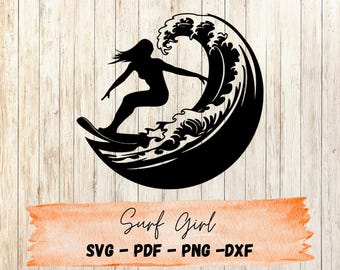 Surf Girl SVG – vrouwelijke surfer silhouet snijden bestand voor Cricut & Silhouette | Beach Wave clipart digitale download | Ocean Surf Beach Surf Girl