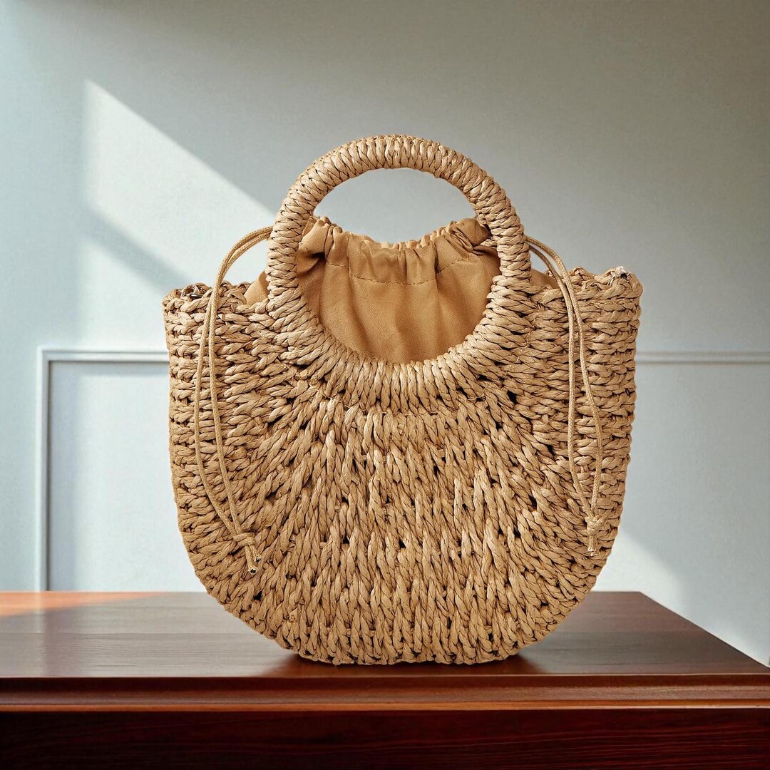 Handwoven Straw Rattan Half-moon Beach Bag - Hollow Out Large Capacity ...