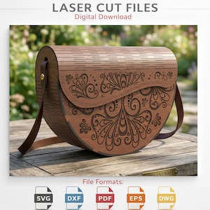 May include: A laser-cut wooden purse with a decorative floral design and a brown leather strap. The purse is a digital download, with file formats including SVG, DXF, PDF, EPS, and DWG. The text "LASER CUT FILES Digital Download" is at the top.