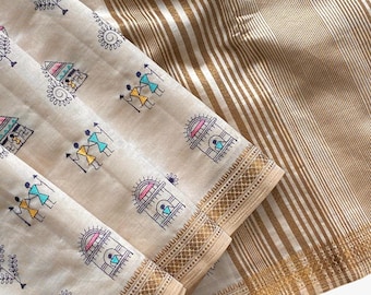 Pure Tussar Silk Saree with Worli Embroidery, Copper Zari Border & Woven Pallu