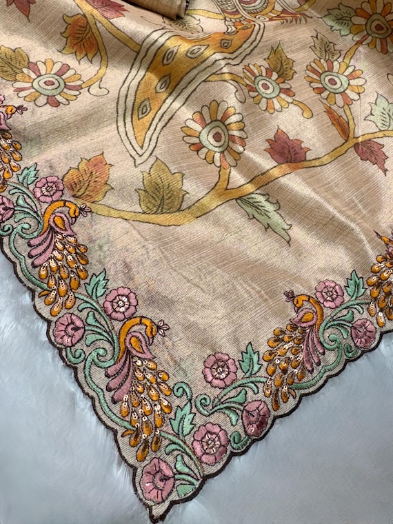 Kalamkari Digital Print Saree | Threadwork Border, Sequin Blouse