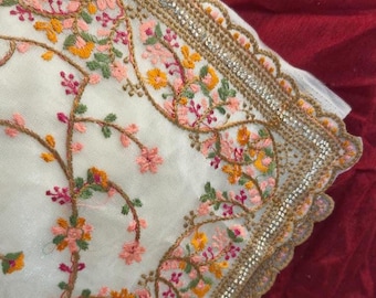 Georgette Saree with Floral Embroidery, Scalloped Border & Elegant Indian Drapewear