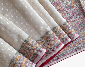 Pure Tussar Silk Saree, Madhubani Embroidery, Traditional Indian Wedding Guest Outfit