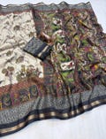 Hand painted Kalamkari Print Silk Saree – Beige with Multicolor Mythological Motifs Border