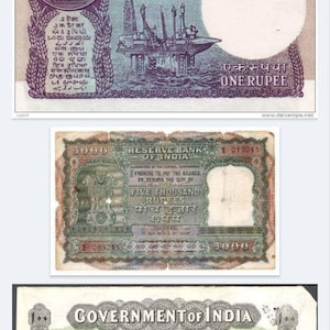 Puede incluir: Una colección de billetes indios con diferentes denominaciones. Los billetes muestran diseños intrincados, incluyendo una plataforma petrolera, el sello del Banco de la Reserva de la India y texto en varios idiomas. Los colores principales son verde, azul y marrón.