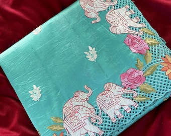 Pure Viscose Tussar Saree with Embroidered Elephant Cutwork Border