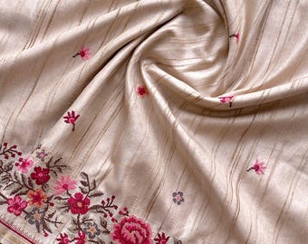 Tussar Silk Saree with Floral Bird Embroidery, Indian Wedding Saree, Festive Ethnic Wear