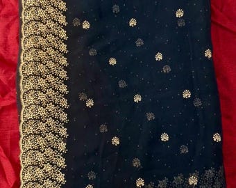 Georgette Saree, Gold Floral Embroidery, Heavy Border, Indian Festive Wear
