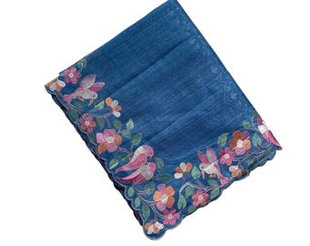 Tussar Silk Saree, Floral Bird Embroidery, Scalloped Border, Indian Party Wear, Festive Ethnic Style