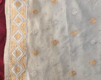 Light Grey Georgette Saree with Gold Silver Embroidery & Blouse