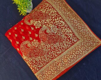 Red Georgette Saree, Gold Embroidery, Floral Border, Indian Festive Wear