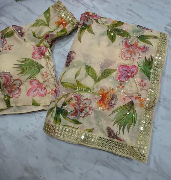 Tabby Silk Floral Saree | Sequins, Foil Mirror, Lace Border, Wedding Wear