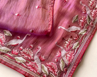 Royal Gabanna Silk Saree, Dual-Tone Zari Embroidery, Floral Border, Indian Wedding Wear