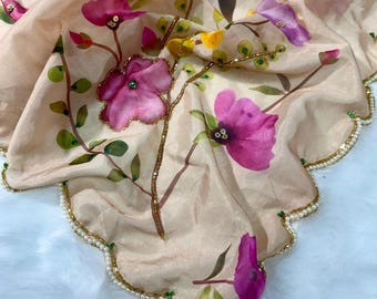 Handcrafted Tebby Silk Saree, Floral Print, Sequin Embroidery, Pearl Border