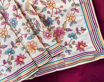 Tussar Cotton Saree, Multicolor Floral Embroidery, Cream Indian Saree, Handloom Style, Festive Ethnic Wear
