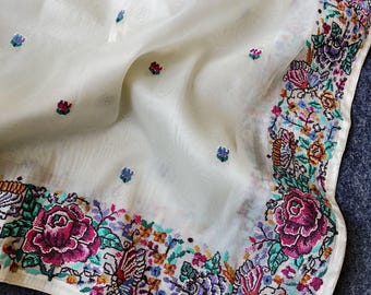 White Tissue Viscose Saree, Floral Embroidery, Wedding Guest Outfit