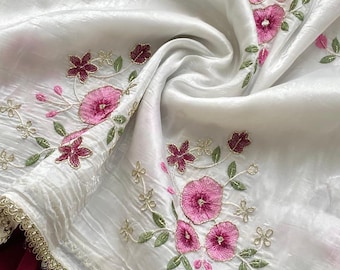 Crushed Saree with Floral Handwork, Lace Border & Embroidered Net Blouse