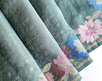 Tussar Silk Saree with Floral Embroidery, Indian Wedding Guest Outfit, Elegant Festive Ethnic Wear