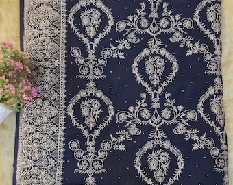 Navy Blue Georgette Saree, Embroidered Indian Saree, Floral Wedding Wear