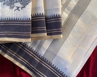 Tussar Silk Saree with Peacock Motifs, Contrast Border & Blouse