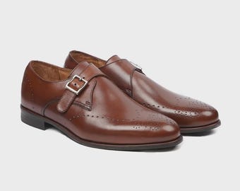 Brown Leather Single Monk Strap Wingtip Brogue Shoes for Men, Handmade, Wedding Gift