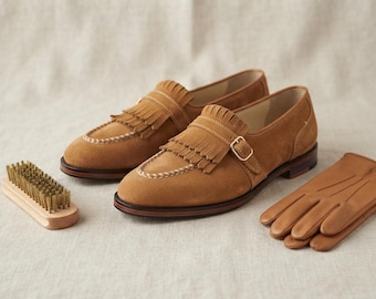Tan Suede Kiltie Fringe Buckle Loafers for Men, Handmade Slip-On Shoes, Wedding Gift"