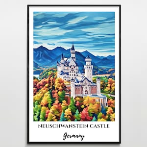 Neuschwanstein Castle Travel Poster, Printable Home Decor, Digital Drawing, Instant Download, Wall Art Illustration, Gift for Germany Lovers
