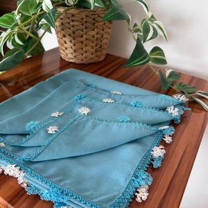 Handmade Turkish Oya Headscarf – Blue Needle Lace Scarf – Traditional Floral shawl-bead sequins