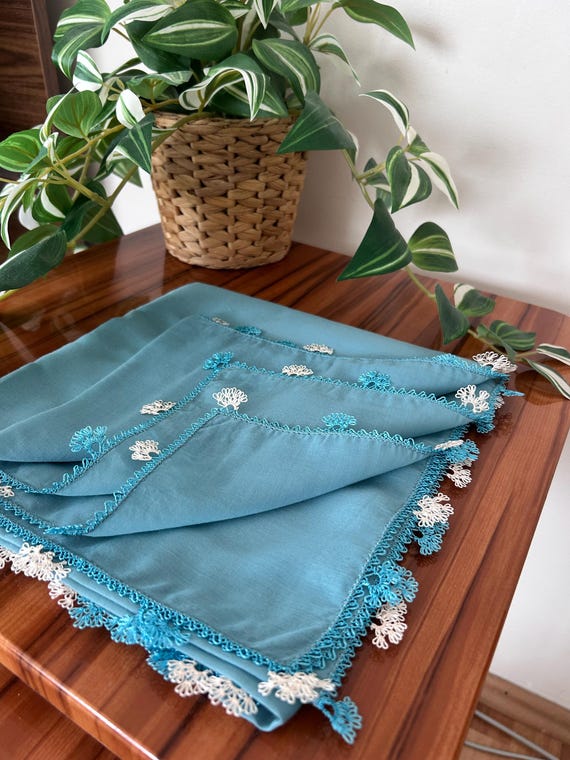 Handmade Head Scarf: Teal Blue Floral Oya,turkish Needle  display picture 2