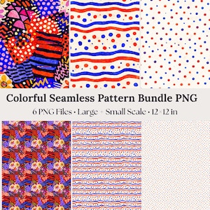 May include: Six colourful seamless patterns in PNG format. The patterns display abstract shapes, stripes, and polka dots in red, blue, and other colours. Each pattern measures 30.48 x 30.48 cm.