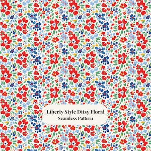 Liberty Style Ditsy blommigt sömlöst botaniskt mönster röd blå - Digital nedladdning