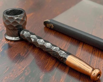 Pipa de fumar de Damasco forjada a mano / Pipa de tabaco artesanal / Diseño de Damasco retorcido / Pipa con boquilla de latón o cobre / Regalo único para él