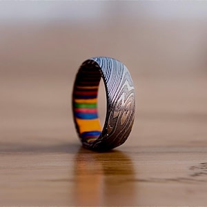May include: A Damascus steel ring with a unique design. The exterior features a swirling pattern, while the interior band showcases a vibrant rainbow of colors. The ring is displayed on a wooden surface, highlighting its intricate details.