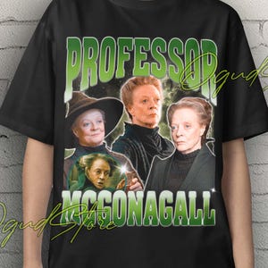 May include: Black Unisex T-shirt with a green graphic of Professor McGonagall and the text "Professor McGonagall". The shirt has a vintage design and the words "Unisex T-Shirt" in yellow.