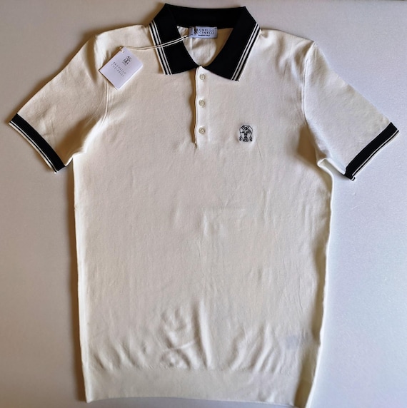 Brunello Cucinelli, BRUNELLO CUCINELLI mens ecru knit embroidered regular fit polo t-shirt size S,M,L,XL,2XL