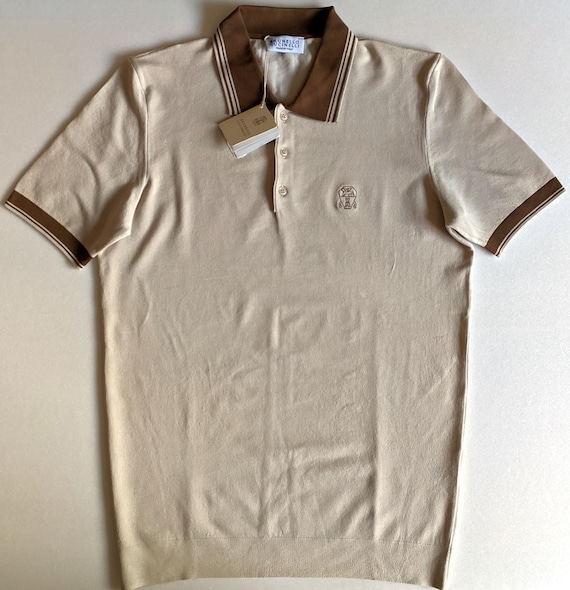 Brunello Cucinelli, BRUNELLO CUCINELLI mens beige knit embroidered regular fit polo t-shirt size S,M,L,XL,2XL