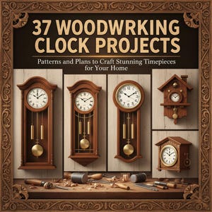 May include: A selection of wooden clocks, including wall clocks and a cuckoo clock, are displayed. The clocks feature white faces with black numerals and hands. The image includes the text "37 Woodworking Clock Projects" and "Patterns and Plans to Craft Stunning Timepieces for Your Home."