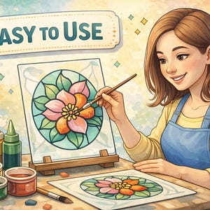 May include: Illustration of a woman painting a floral design. The image includes paint bottles, paint pots, and the text "EASY TO USE". The woman is wearing a blue apron and a yellow shirt.