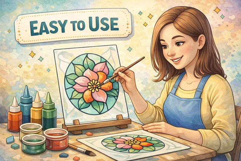 May include: Illustration of a woman painting a floral design. The image includes paint bottles, paint pots, and the text "EASY TO USE". The woman is wearing a blue apron and a yellow shirt.