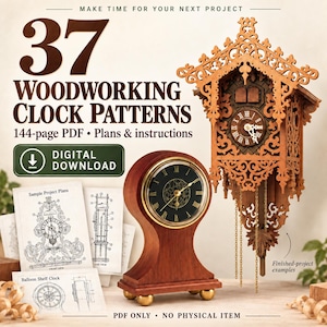 May include: A digital download featuring 37 woodworking clock patterns in a 144-page PDF. The image displays a wooden cuckoo clock, a mahogany-colored mantel clock with a black face, and printed technical diagrams labeled Sample Project Plans.