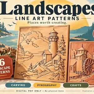 May include: A digital PDF collection titled Landscapes Line Art Patterns featuring 16 designs for carving and pyrography. The image displays two wooden panels with engraved scenes of a lighthouse and a watermill, alongside text labels.