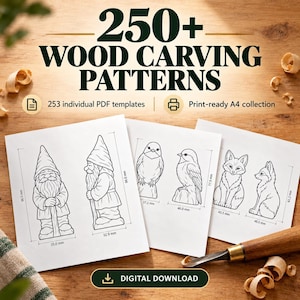 Peut inclure: Une collection de 250+ modèles de sculpture sur bois comprenant 253 modèles PDF individuels au format A4 prêt à imprimer. Les modèles présentent des dessins au trait de gnomes, d'oiseaux et de renards avec des dimensions métriques en mm.