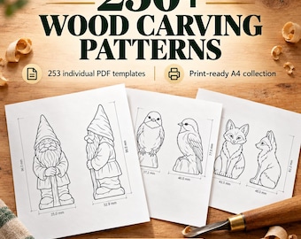 May include: A collection of 250+ wood carving patterns featuring 253 individual PDF templates in a print-ready A4 format. The templates display line drawings of gnomes, birds, and foxes with visible metric dimensions in millimeters.